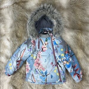 Molo Kids Floral Winter Coat Jacket with Faux Fur Hood - Size 6